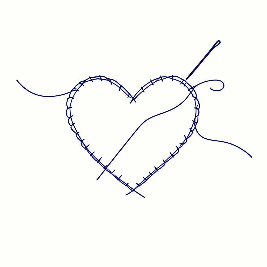 Minimal line drawing of needle and thread forming a stitched heart shape on cream background